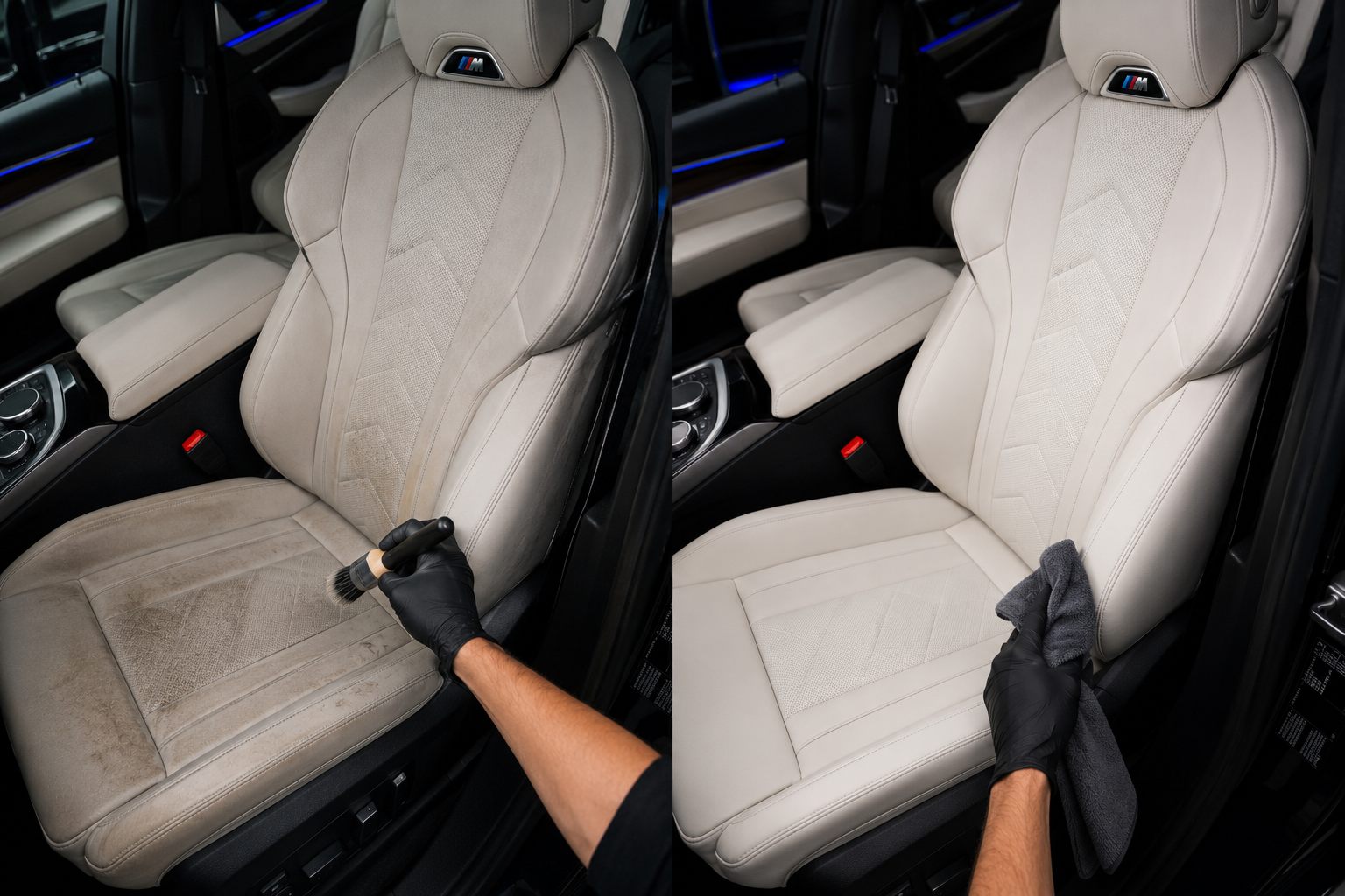 Interior car detailing before and after on a leather seat in Alpharetta GA