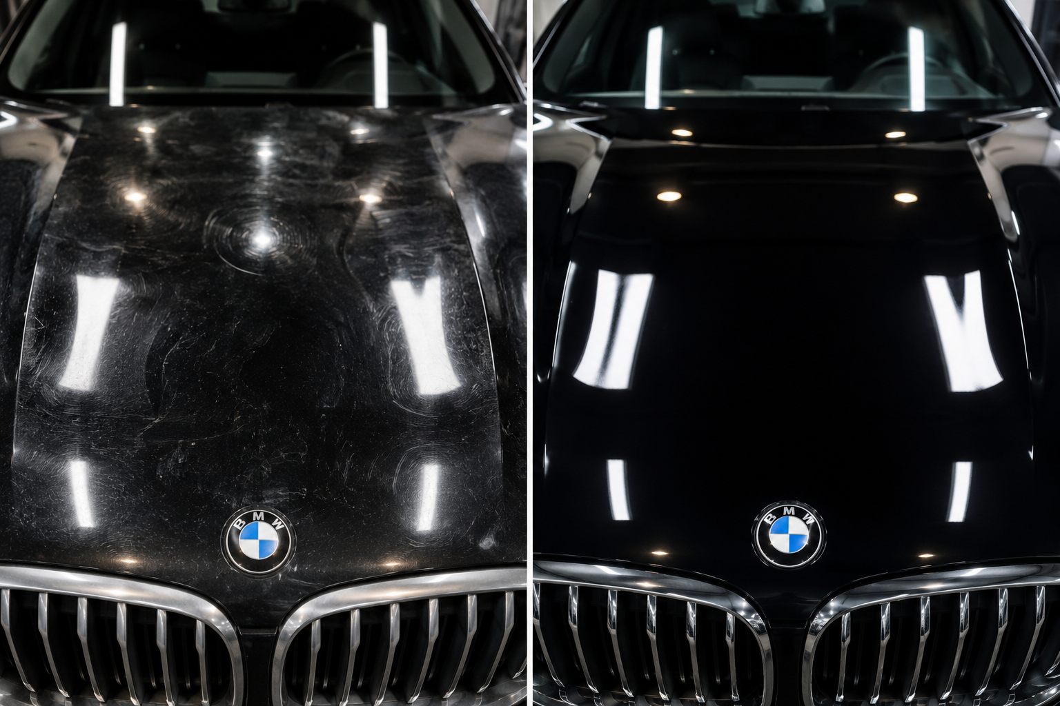 Paint correction and polish before and after on a black car in Alpharetta GA